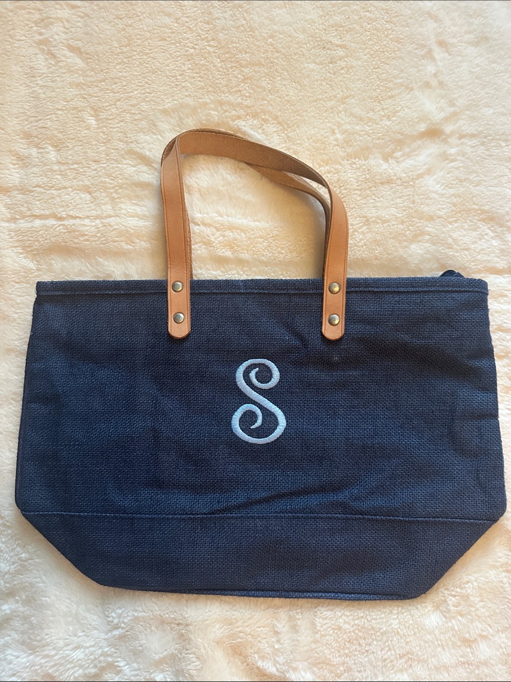Navy Canvas Tote with Tan Handles and Monogram